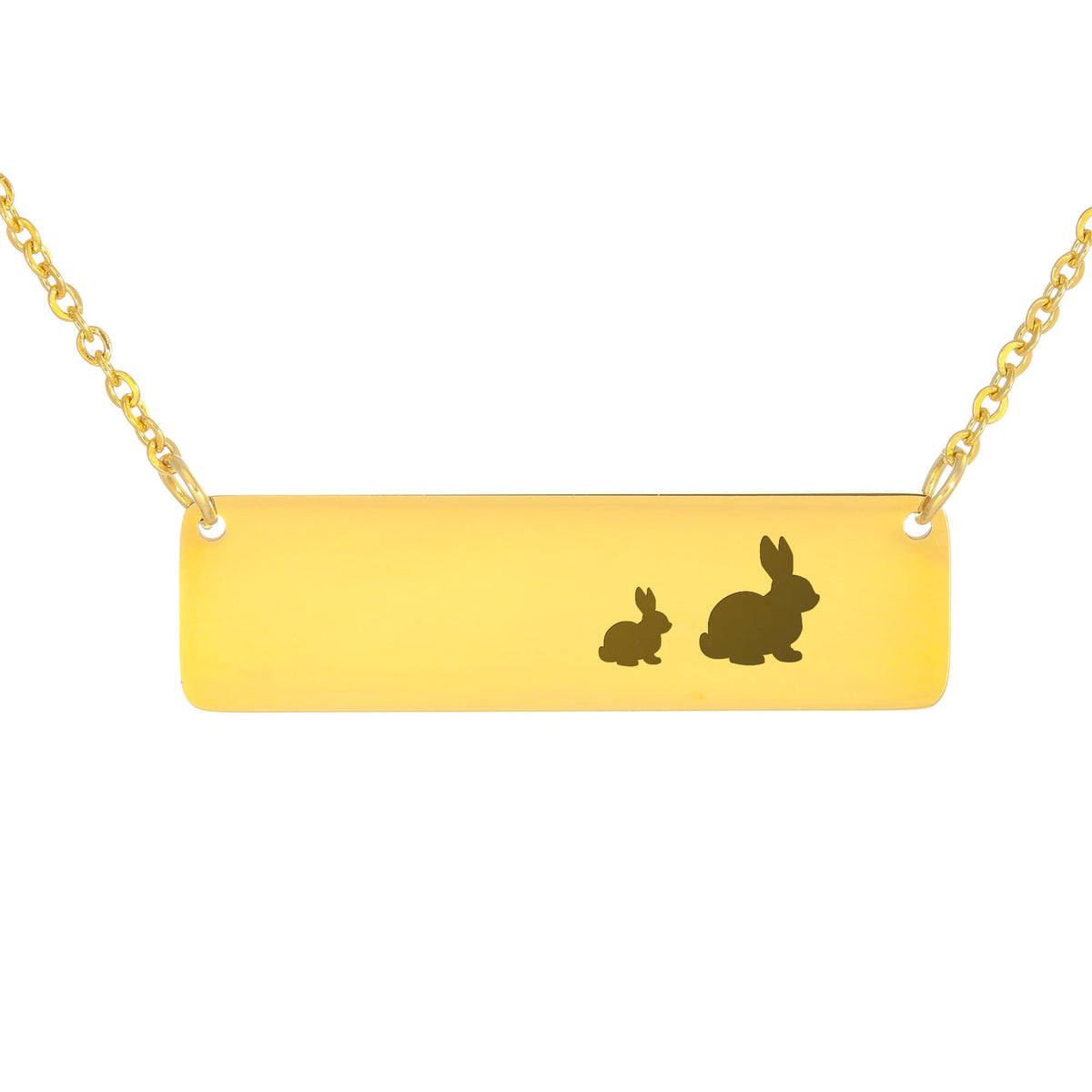 Bunny Mother And 1 Baby Horizontal Bar Necklace, Engraved Family Necklace