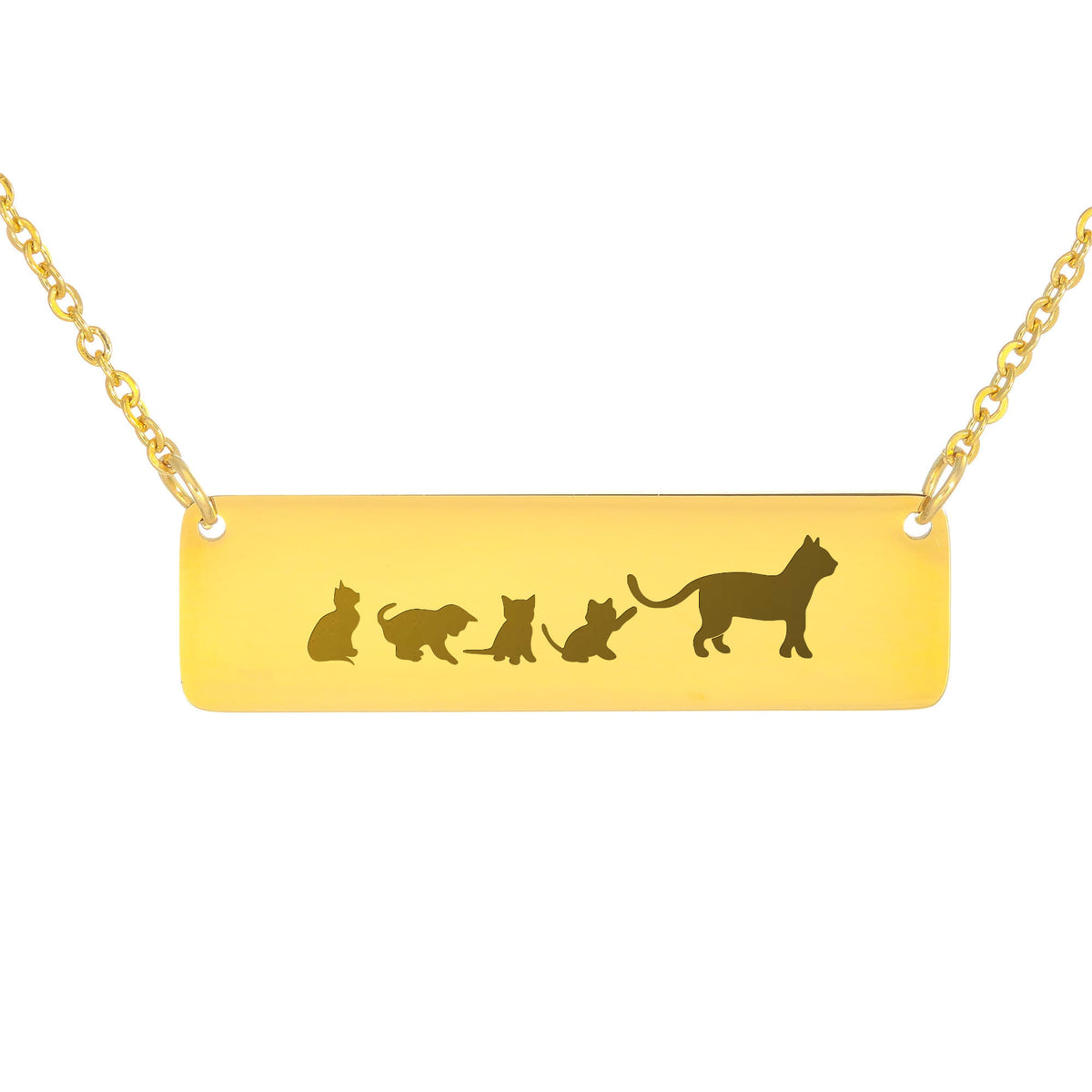 Cat Mother And 4 Babies Horizontal Bar Necklace, Engraved Family Necklace