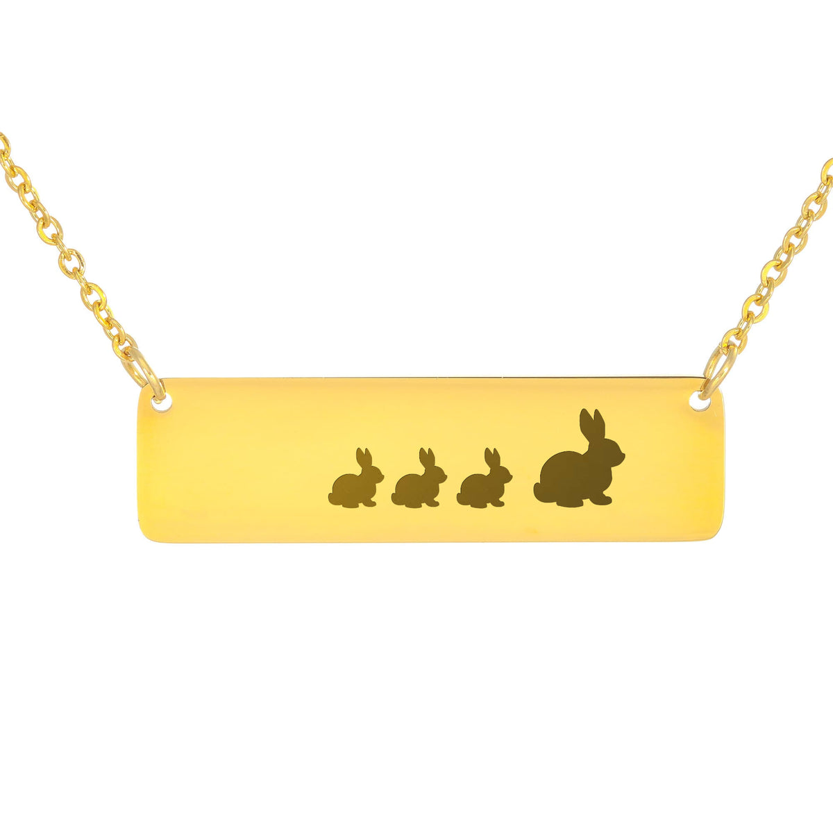 Bunny Mother And 3 Babies Horizontal Bar Necklace, Engraved Family Necklace
