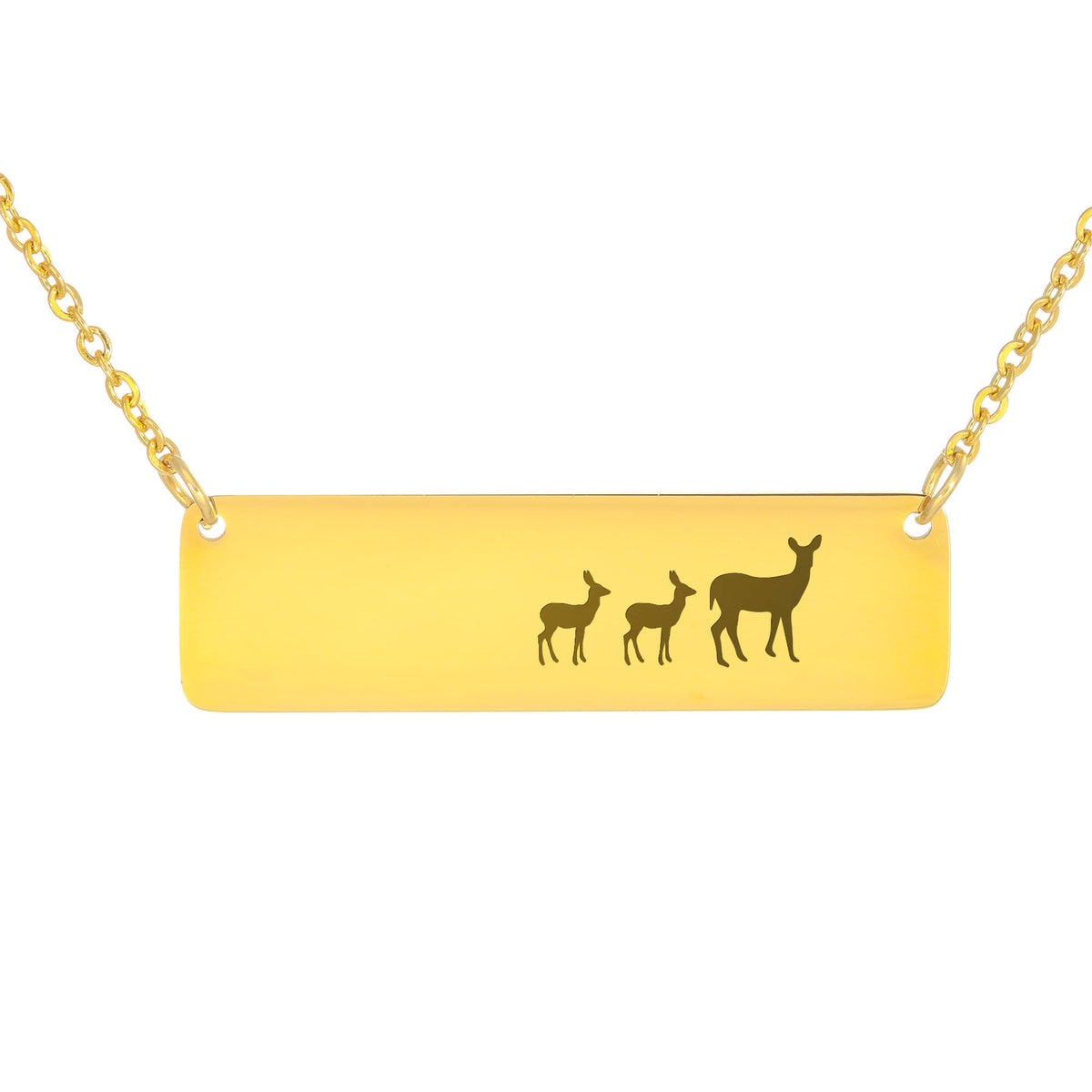 Deer Mother And 2 Babies Horizontal Bar Necklace, Engraved Family Necklace