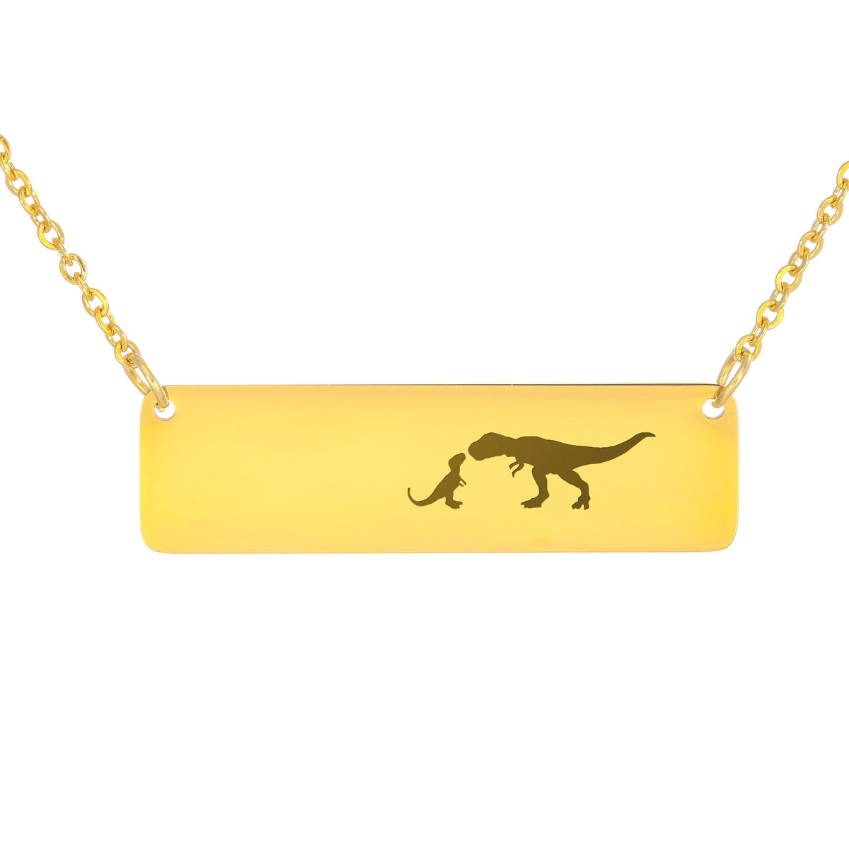 Dinosaur Mother And 1 Baby Horizontal Bar Necklace, Engraved Family Necklace