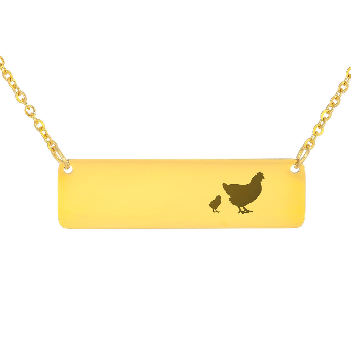 Chicken Mother And 1 Baby Horizontal Bar Necklace, Engraved Family Necklace