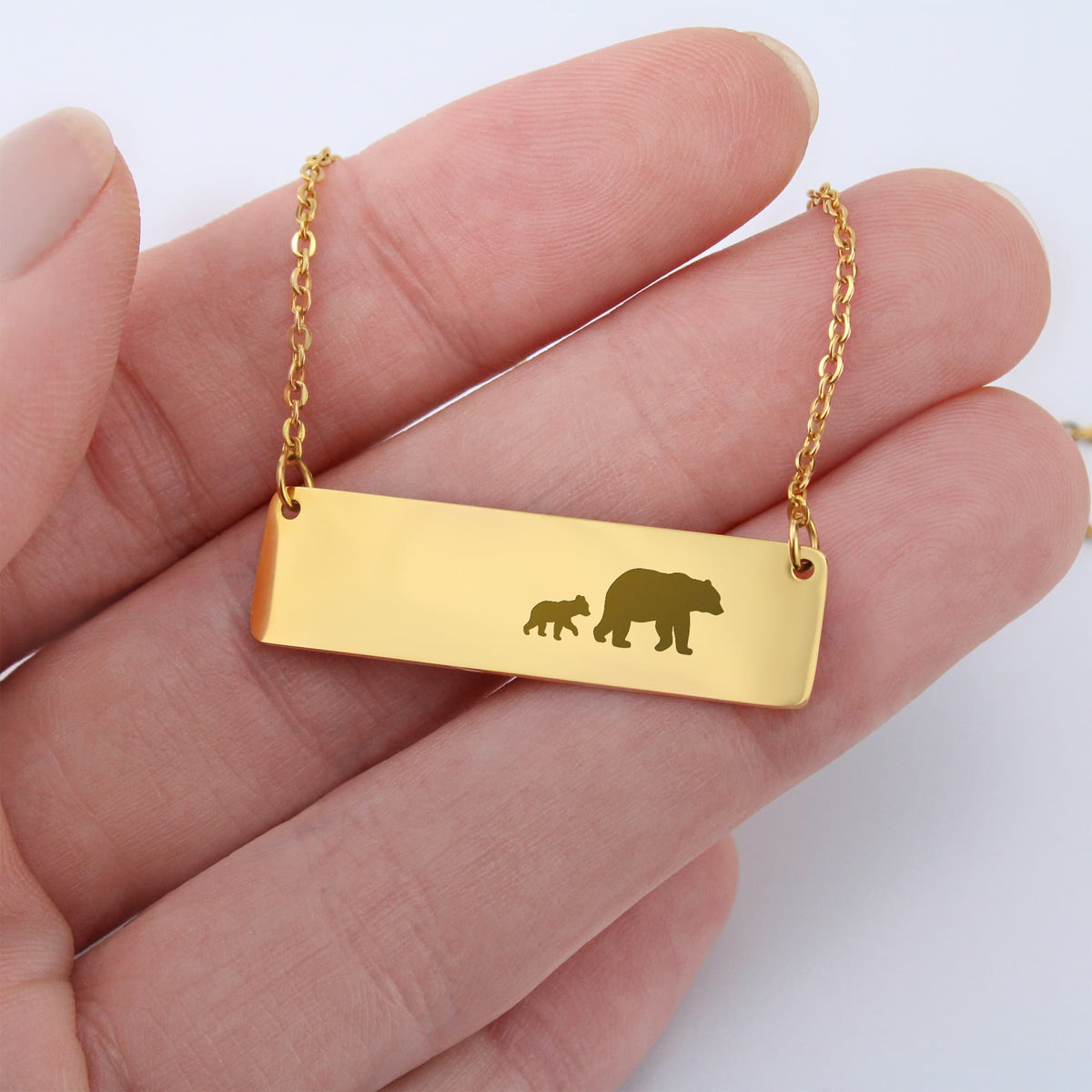 Bear Mother And 1 Baby Horizontal Bar Necklace, Engraved Family Necklace