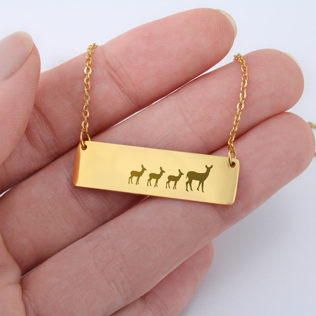 Deer Mother And 3 Babies Horizontal Bar Necklace, Engraved Family Necklace