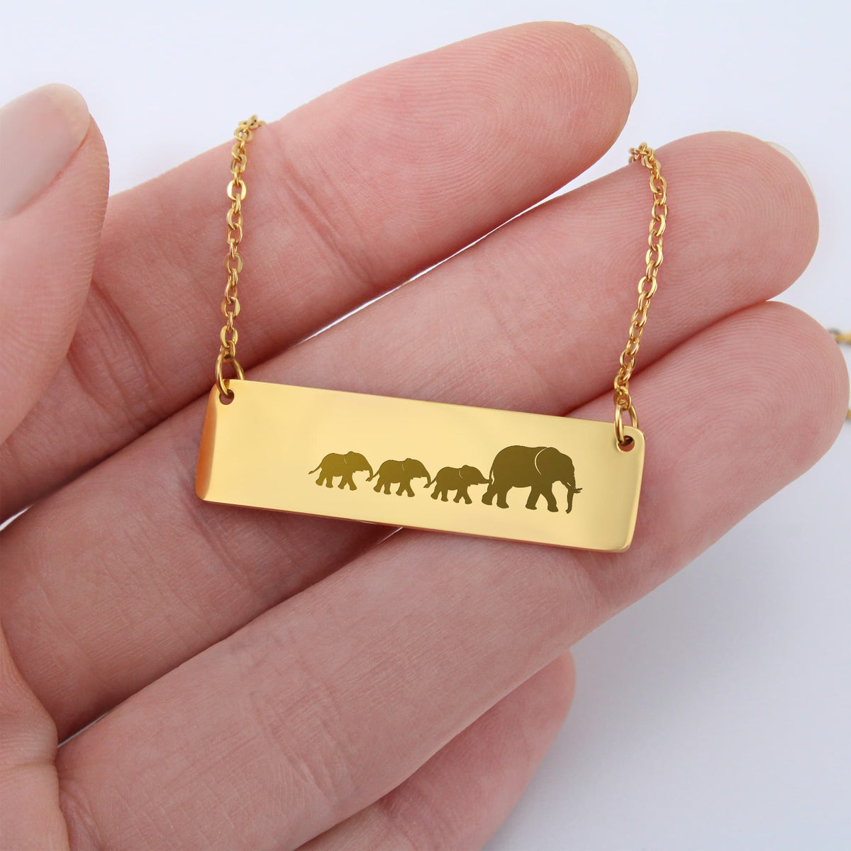 Elephant Mother And 3 Babies Horizontal Bar Necklace, Engraved Family Necklace
