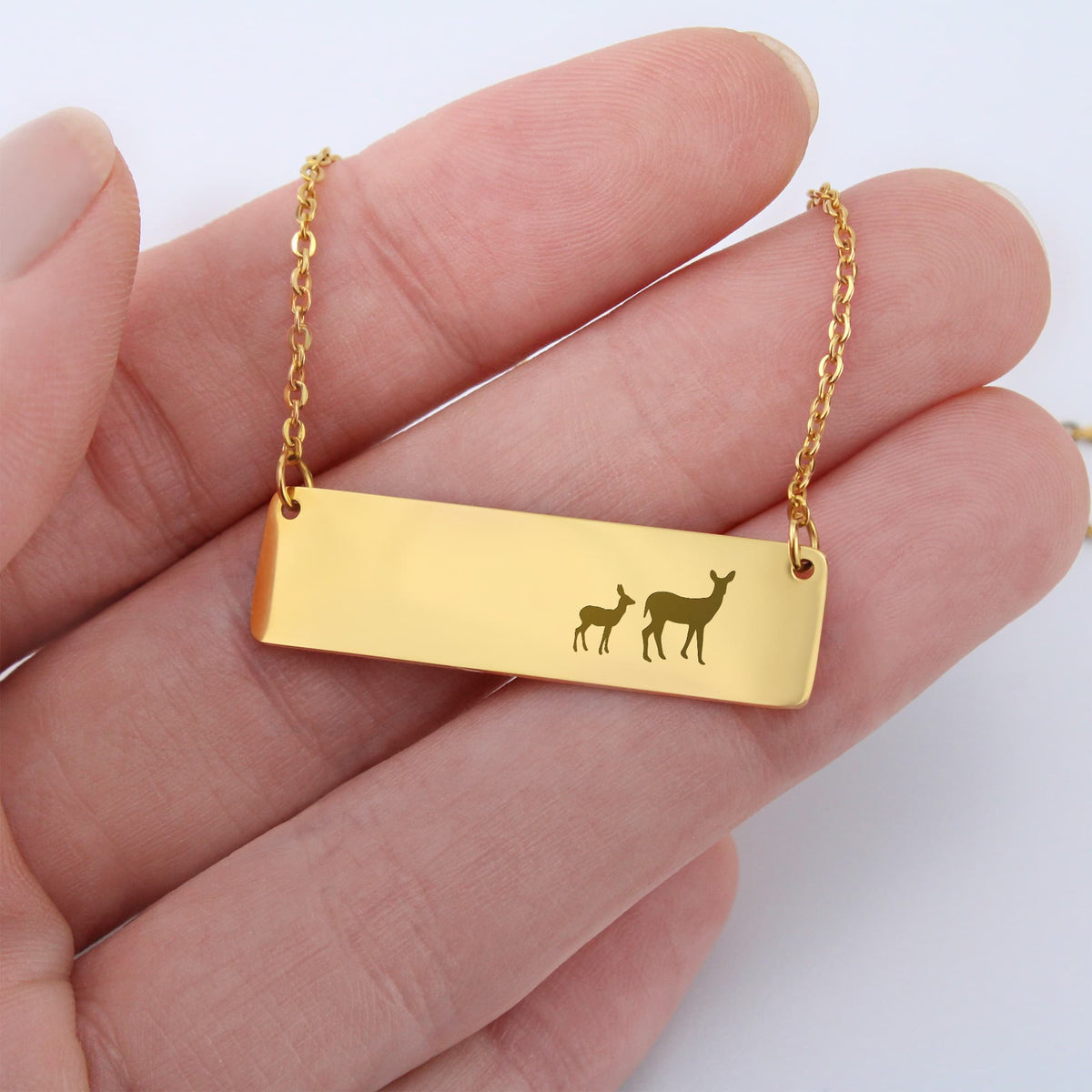 Deer Mother And 1 Baby Horizontal Bar Necklace, Engraved Family Necklace