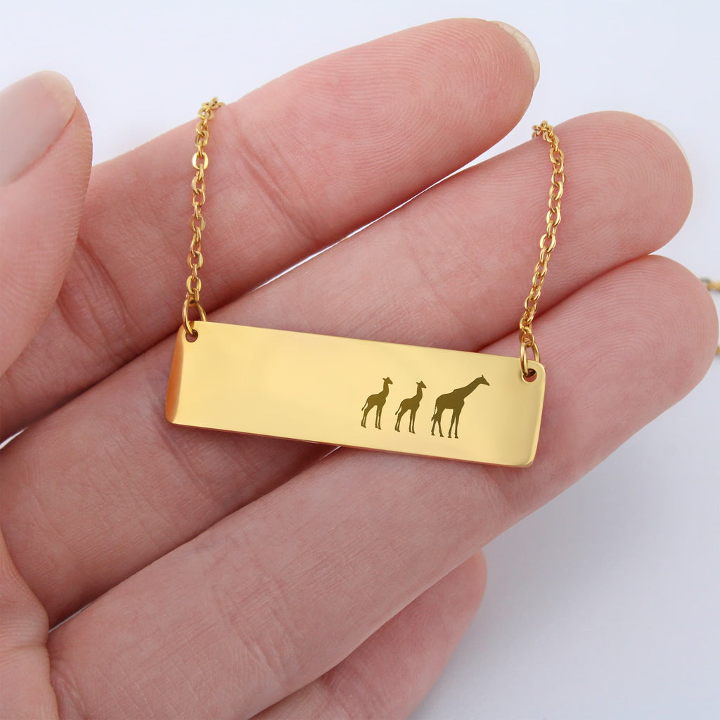 Giraffe Mother And 2 Babies Horizontal Bar Necklace, Engraved Family Necklace
