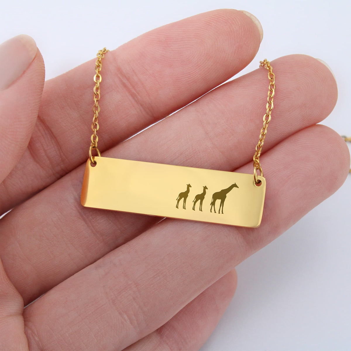 Giraffe Mother And 2 Babies Horizontal Bar Necklace, Engraved Family Necklace