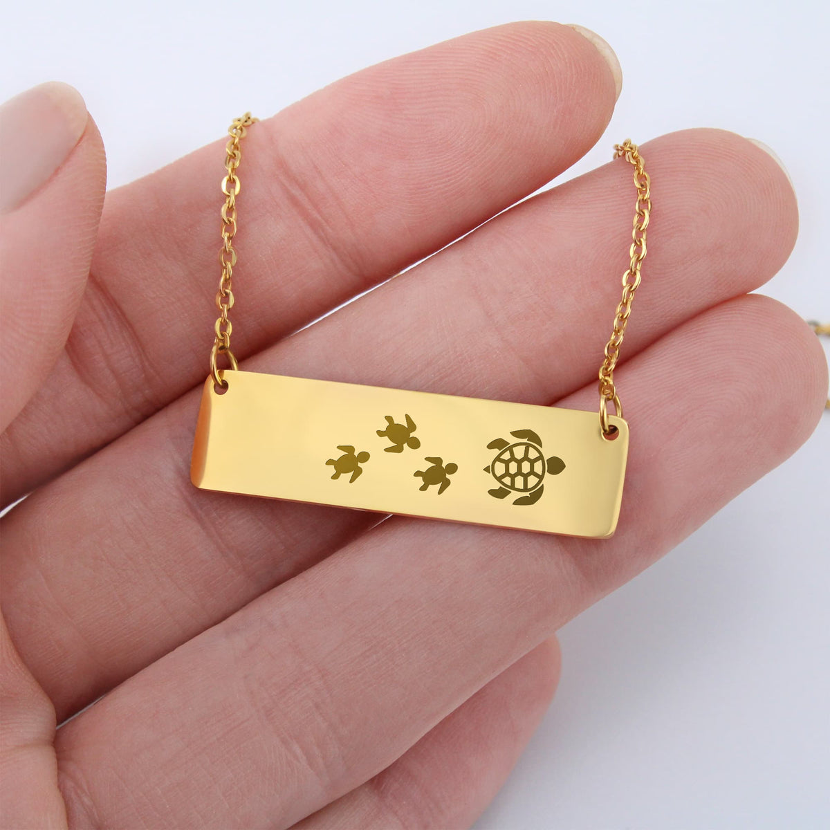 Turtle Mother And 3 Babies Horizontal Bar Necklace, Engraved Family Necklace