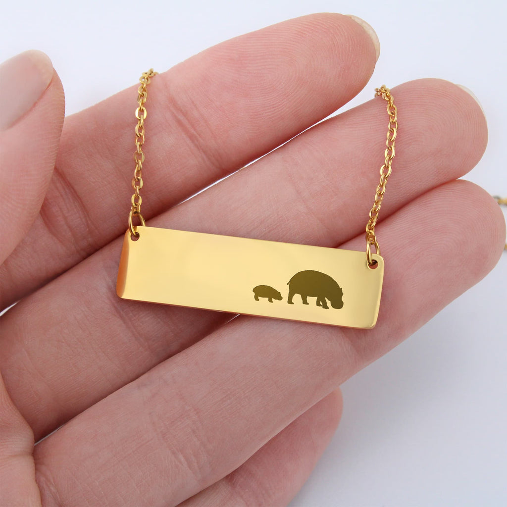 Hippo Mother And 1 Baby Horizontal Bar Necklace, Engraved Family Necklace