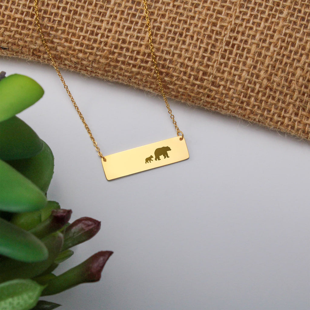 Bear Mother And 1 Baby Horizontal Bar Necklace, Engraved Family Necklace