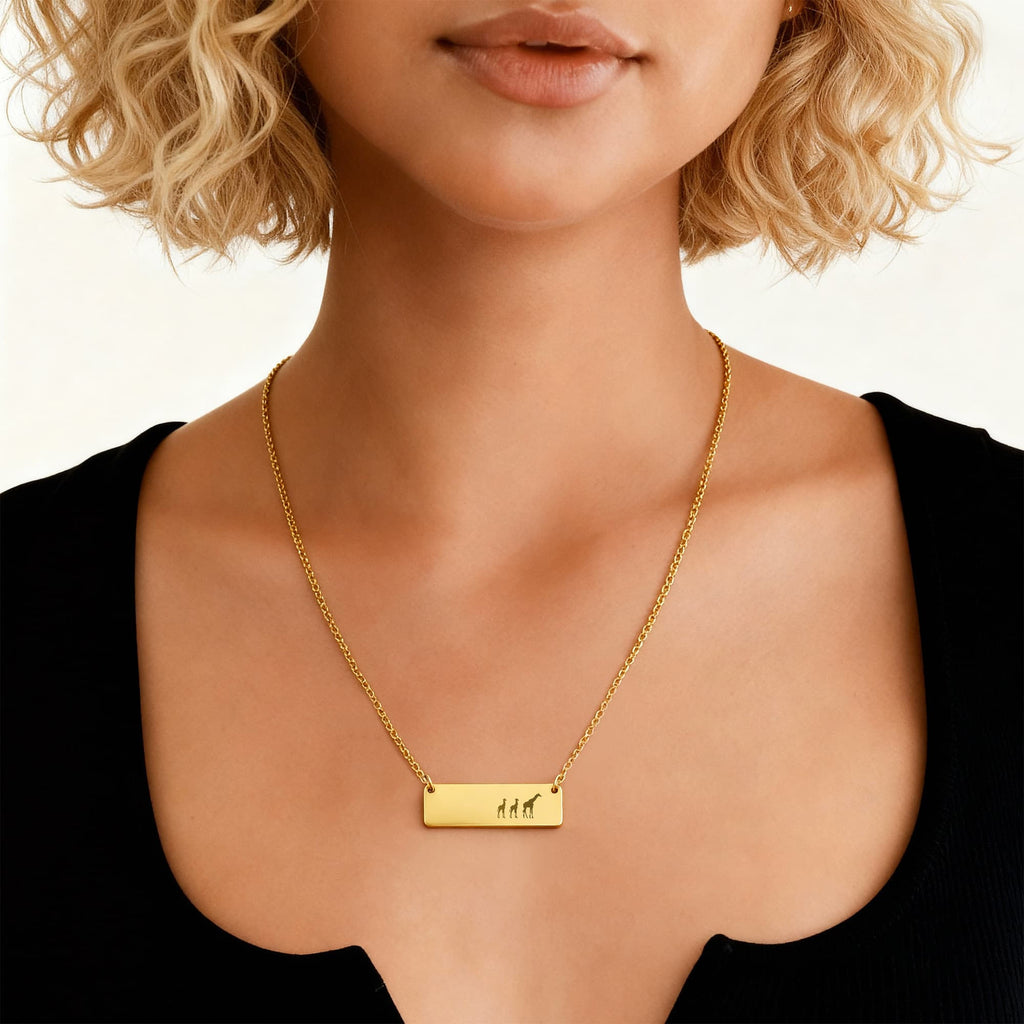 Giraffe Mother And 2 Babies Horizontal Bar Necklace, Engraved Family Necklace