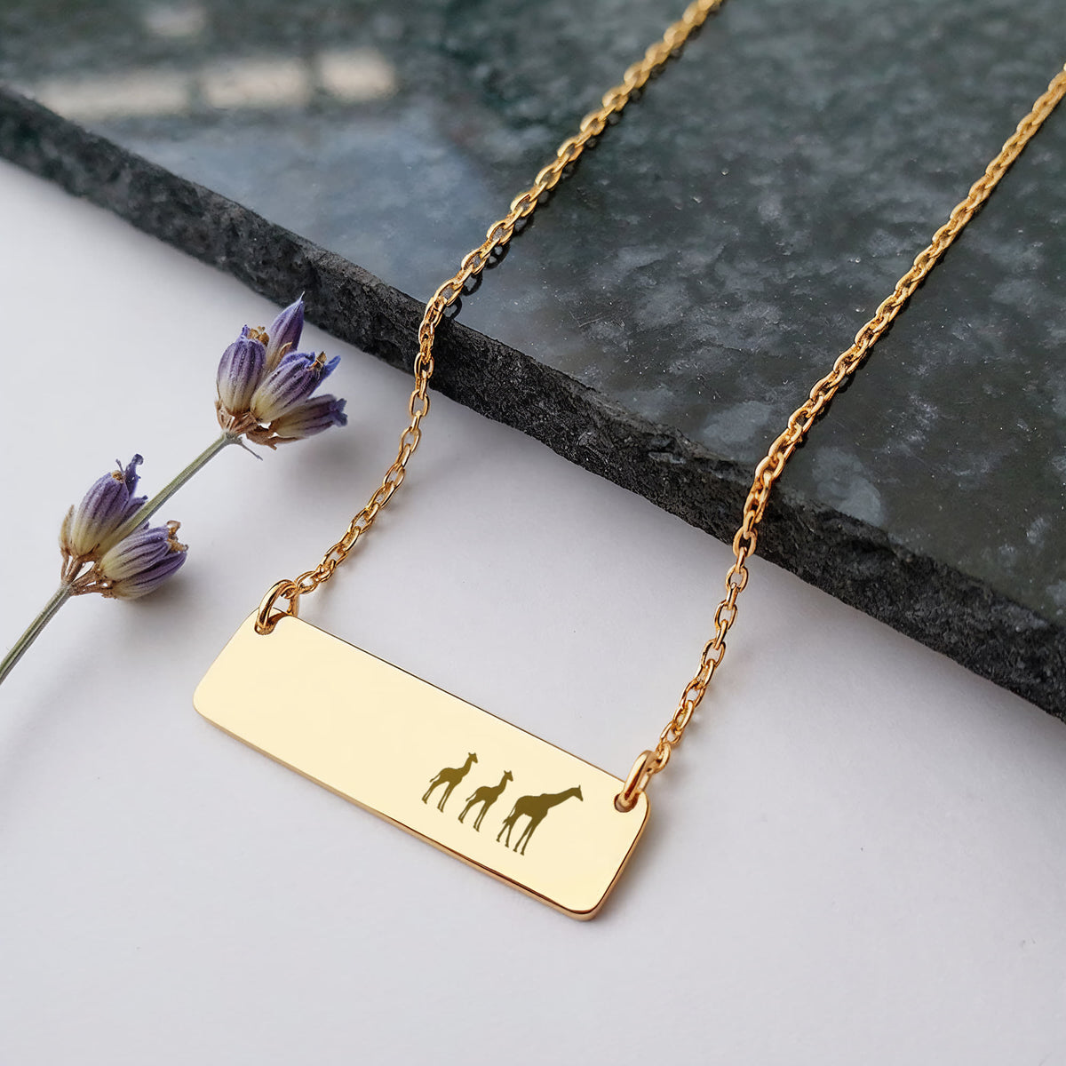 Giraffe Mother And 2 Babies Horizontal Bar Necklace, Engraved Family Necklace