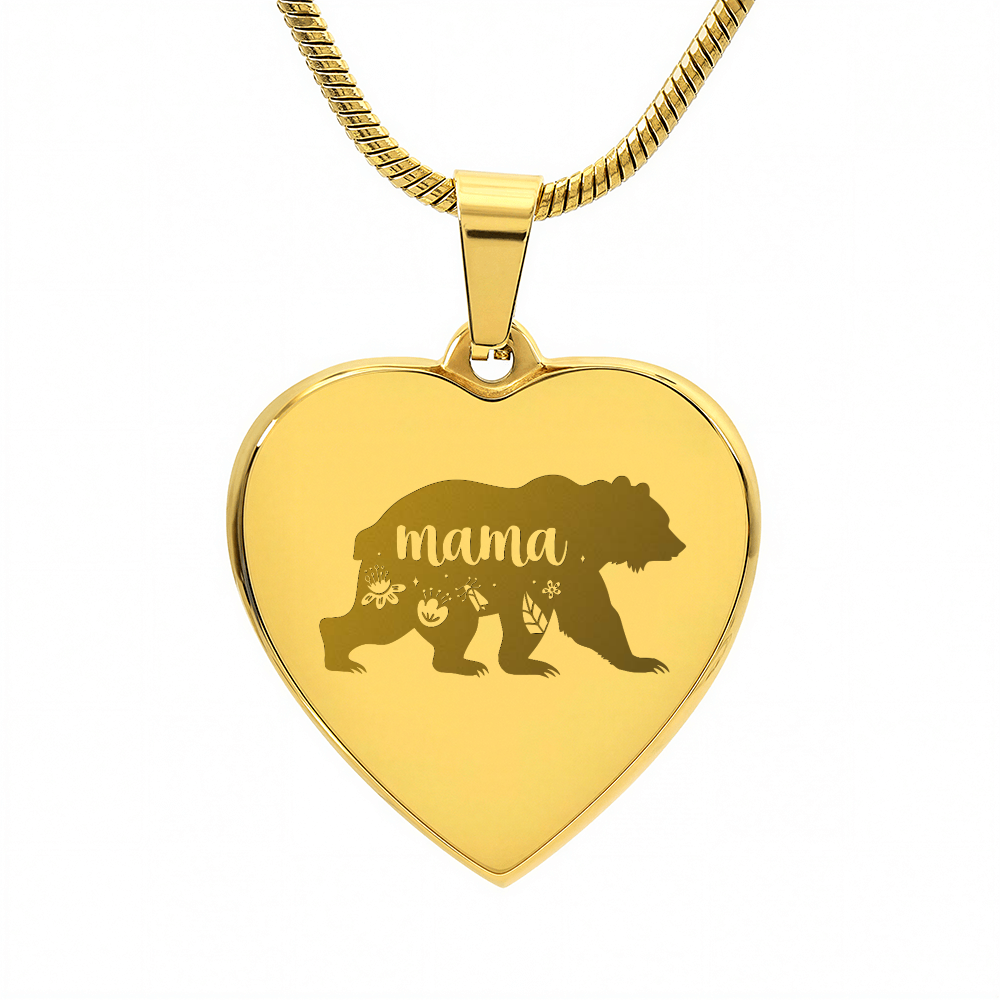Mama Bear Engraved Heart Pendant Necklace - Engraved Heart Pendant with Gift Box, Mother's Day Gift for Mom
