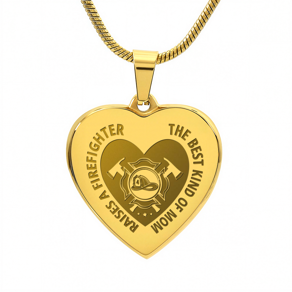 Best Kind Of Mom Raises A Firefighter Engraved Heart Pendant Necklace - Engraved Heart Pendant with Gift Box, Gift for Firefighter Mom