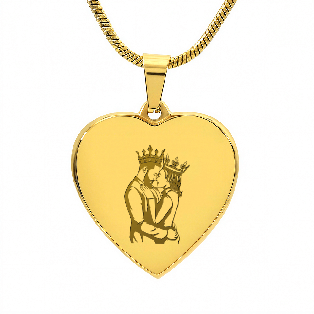 King and Queen Couple Engraved Heart Pendant Necklace - Engraved Heart Pendant with Gift Box, Anniversary Gift for Couples