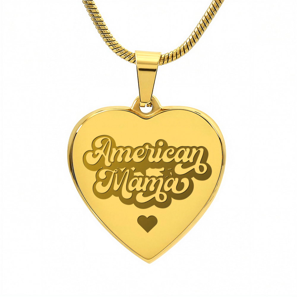 American Mama Engraved Heart Pendant Necklace - Engraved Heart Pendant with Gift Box, Patriotic Gift for Mom