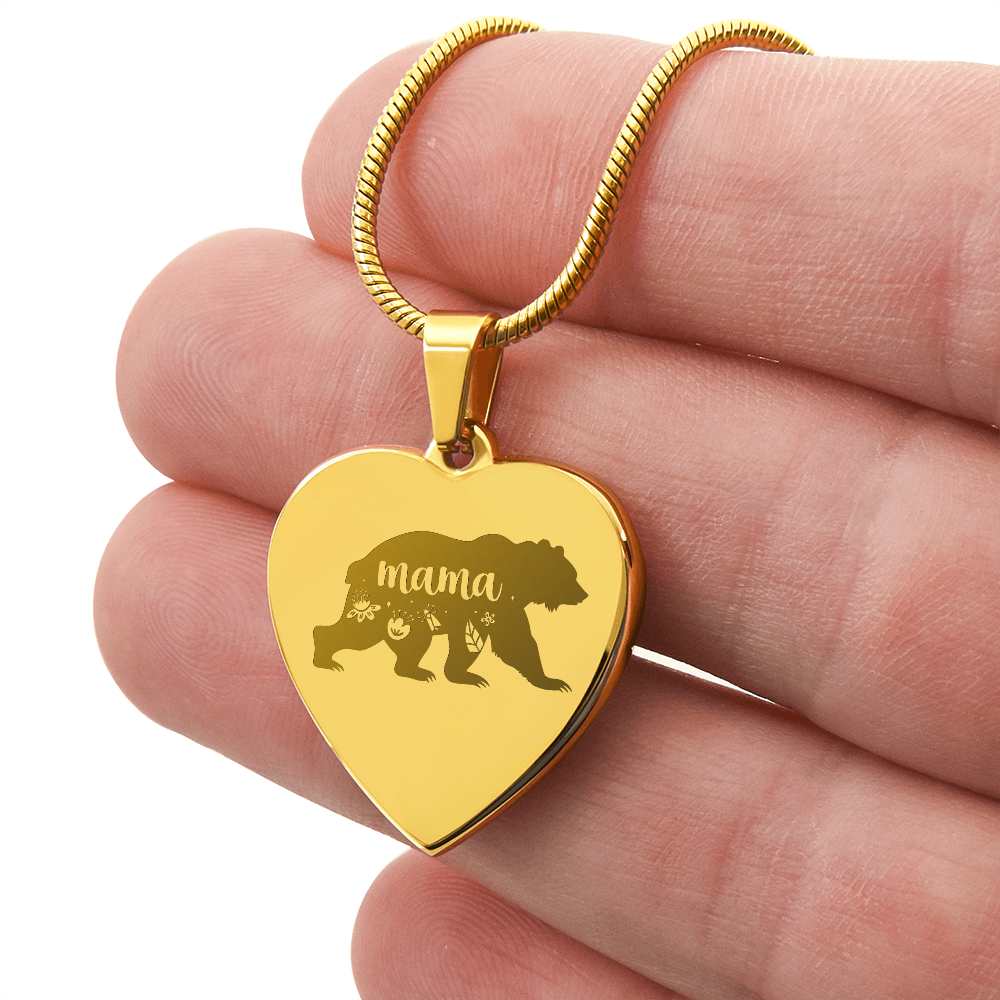Mama Bear Engraved Heart Pendant Necklace - Engraved Heart Pendant with Gift Box, Mother's Day Gift for Mom