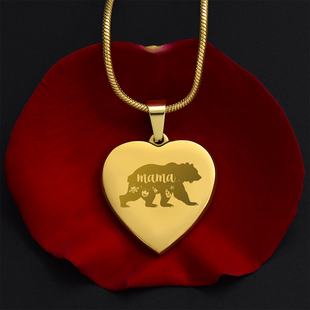 Mama Bear Engraved Heart Pendant Necklace - Engraved Heart Pendant with Gift Box, Mother's Day Gift for Mom