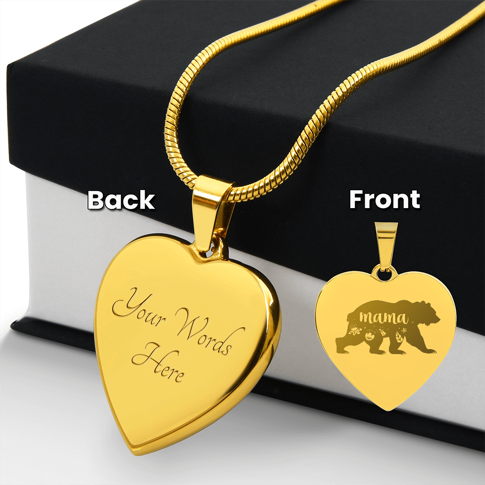 Mama Bear Engraved Heart Pendant Necklace - Engraved Heart Pendant with Gift Box, Mother's Day Gift for Mom
