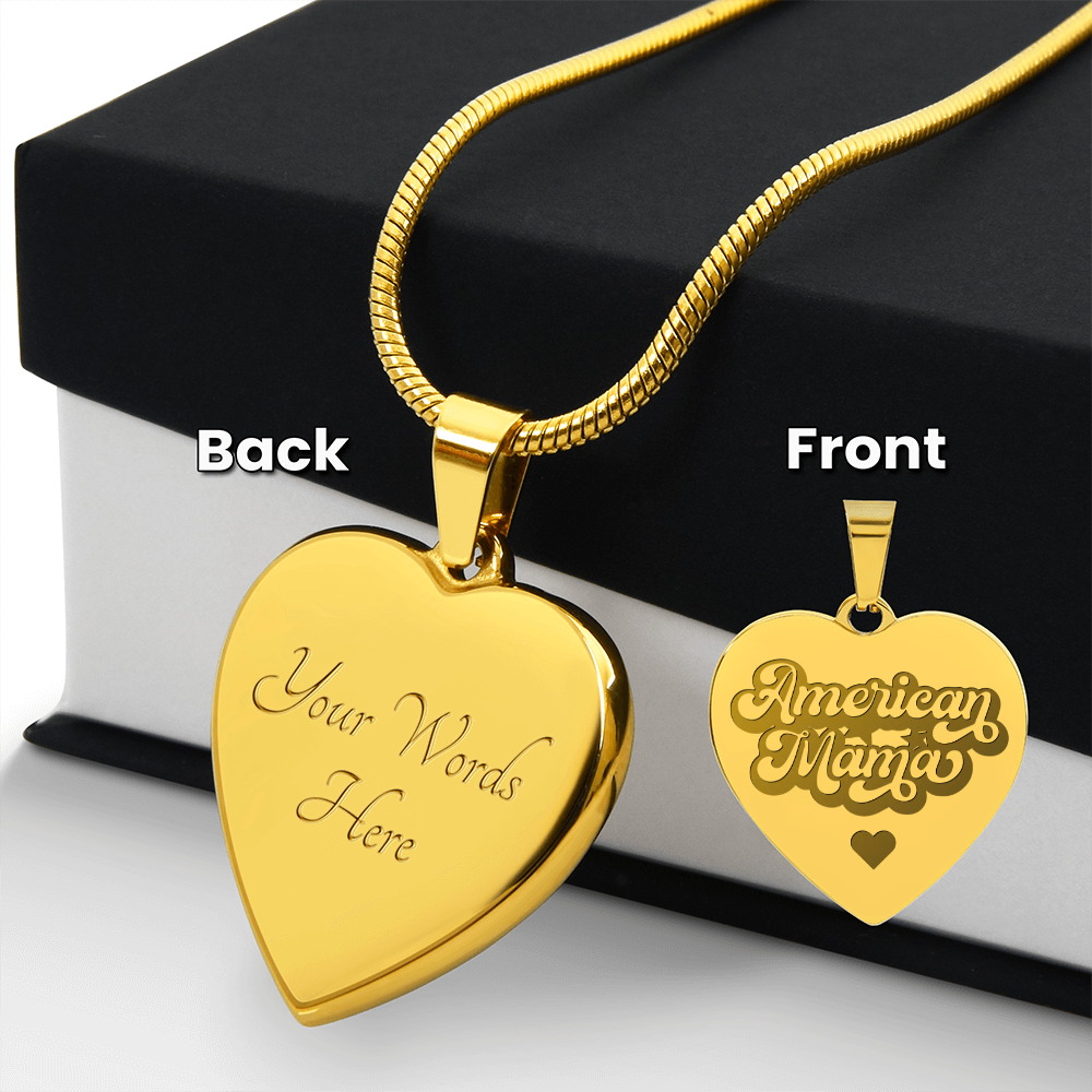 American Mama Engraved Heart Pendant Necklace - Engraved Heart Pendant with Gift Box, Patriotic Gift for Mom