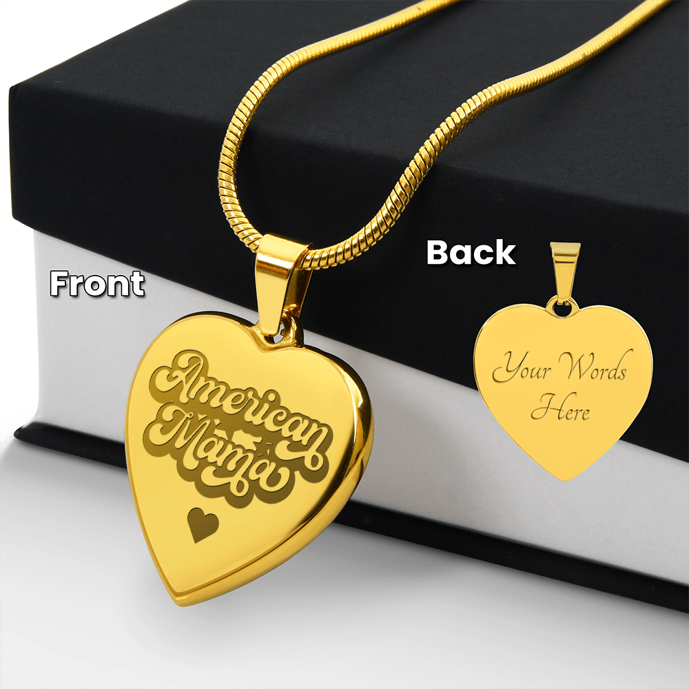 American Mama Engraved Heart Pendant Necklace - Engraved Heart Pendant with Gift Box, Patriotic Gift for Mom