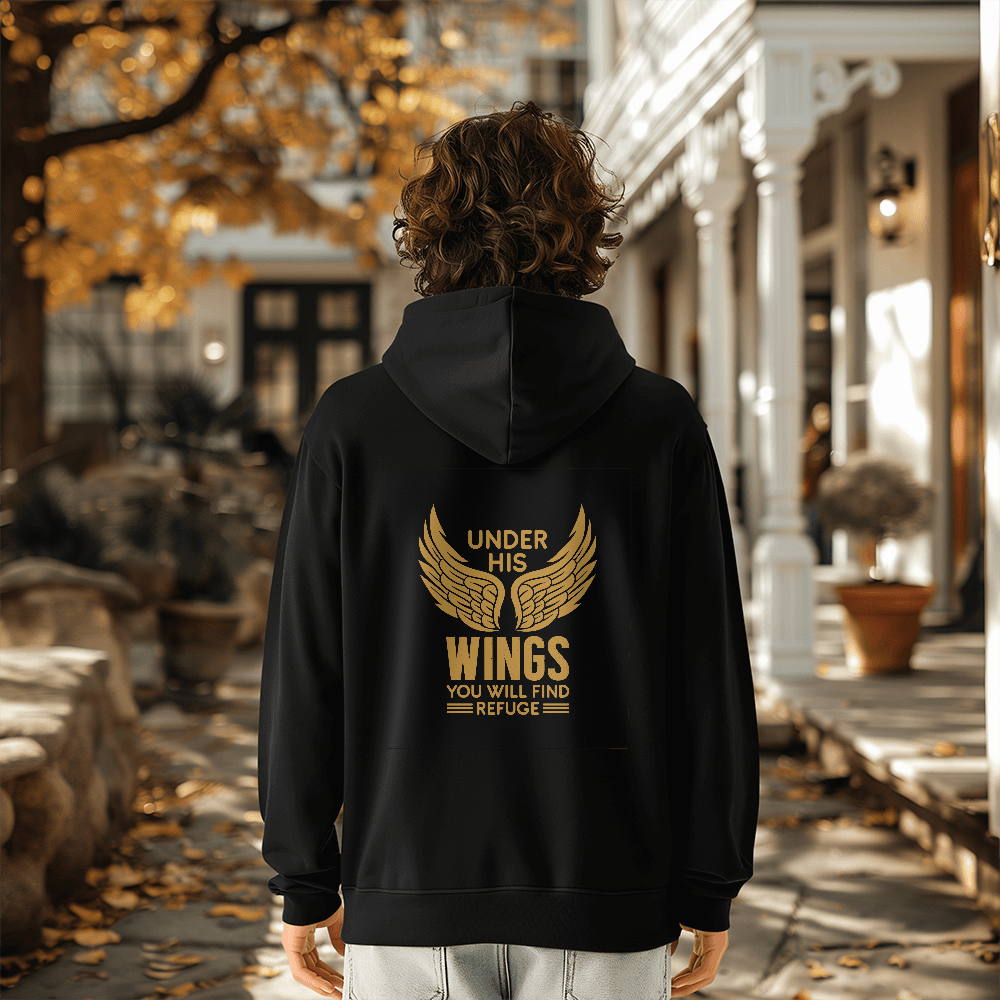 Under His Wings You Will Find Refuge Hoodie, Christian Back Print