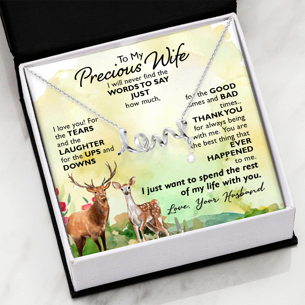 To My Precious Wife Scripted Love Necklace, Deer Couple Card Gift