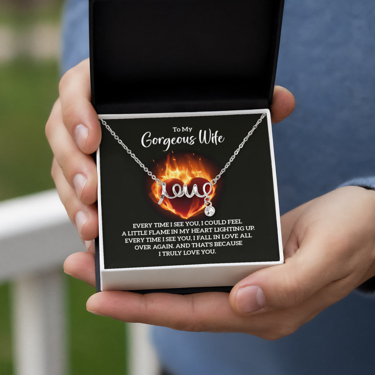 To My Gorgeous Wife Scripted Love Necklace, Flaming Heart Card Gift
