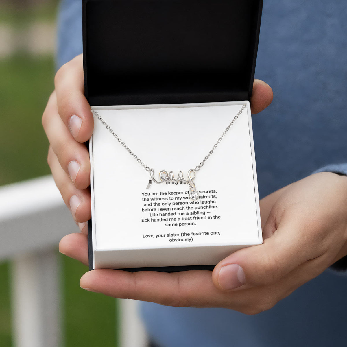 To My Sister Necklace - Scripted Love Pendant with Message Card, Funny Christmas Gift for Sister