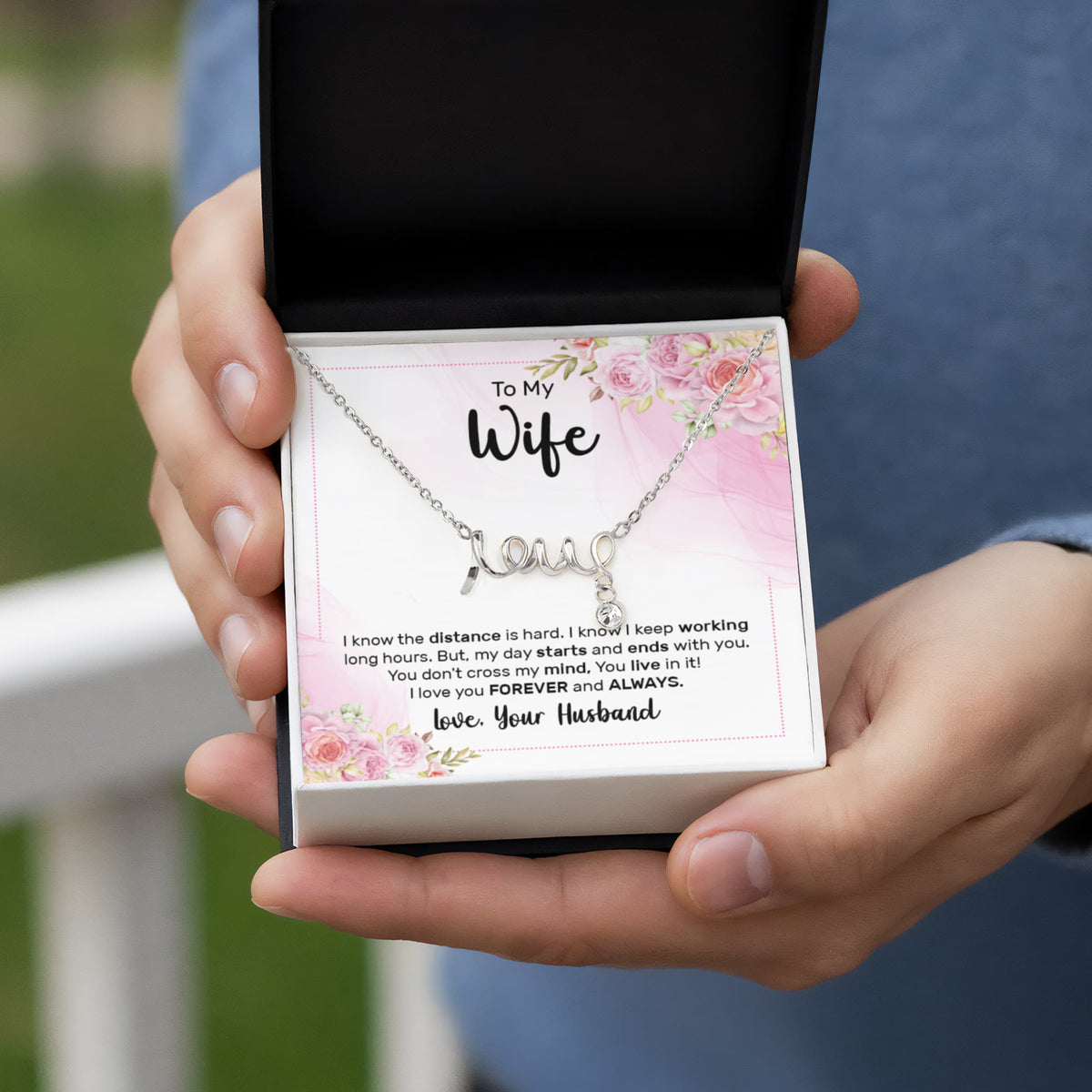 To My Wife Scripted Love Necklace, Long Distance Card Gift