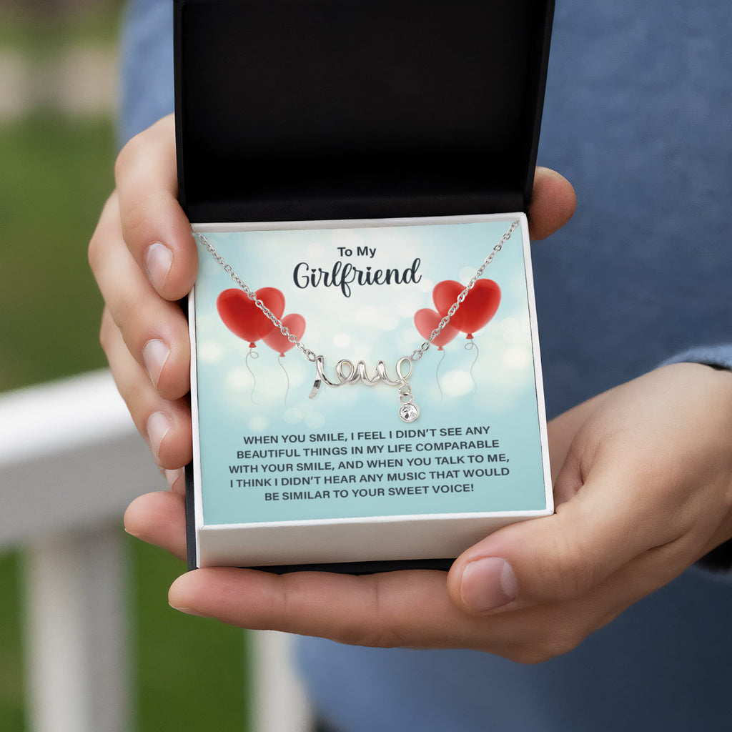 To My Girlfriend Scripted Love Necklace, Heart Balloons Card Gift