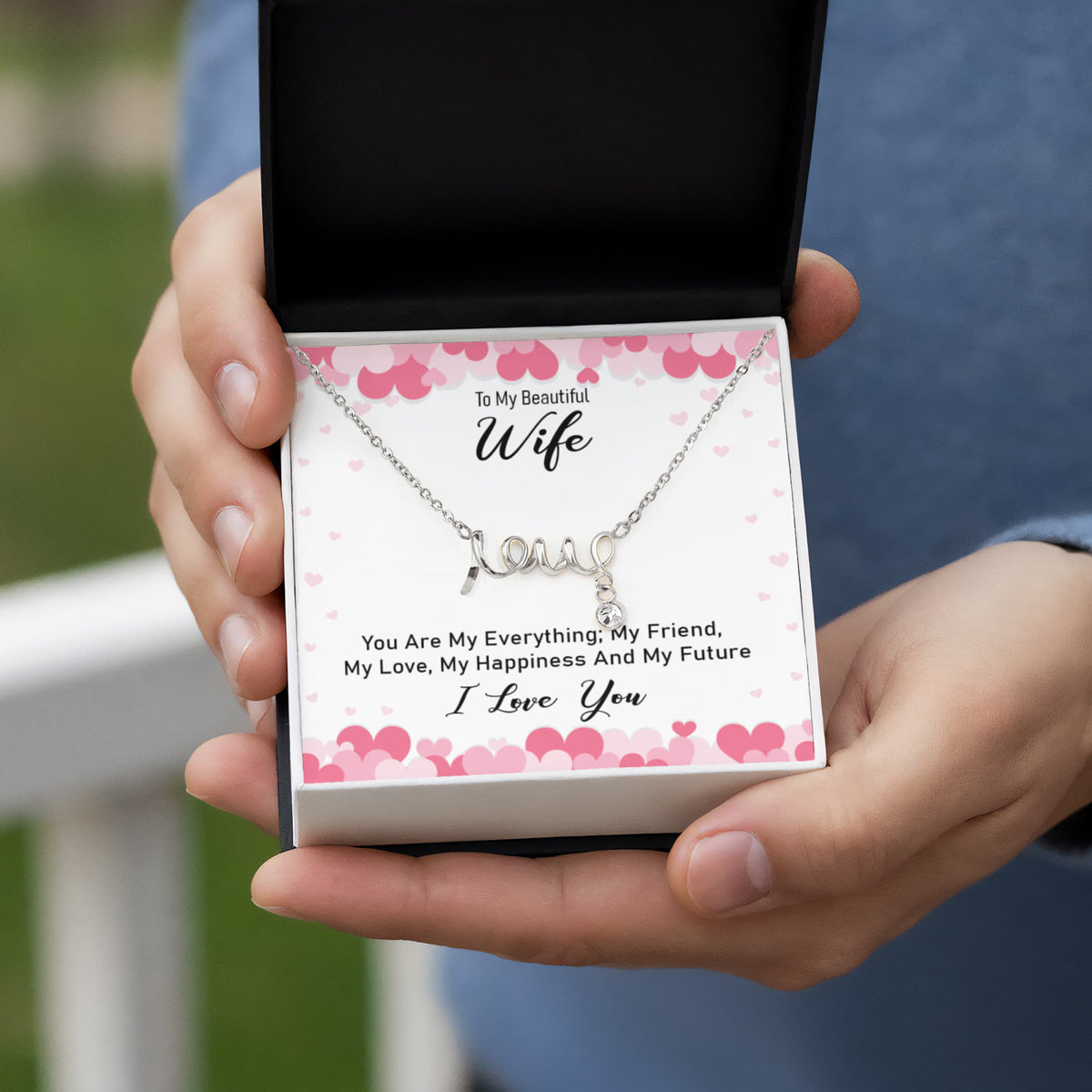 To My Beautiful Wife Scripted Love Necklace, You Are My Everything Card Gift