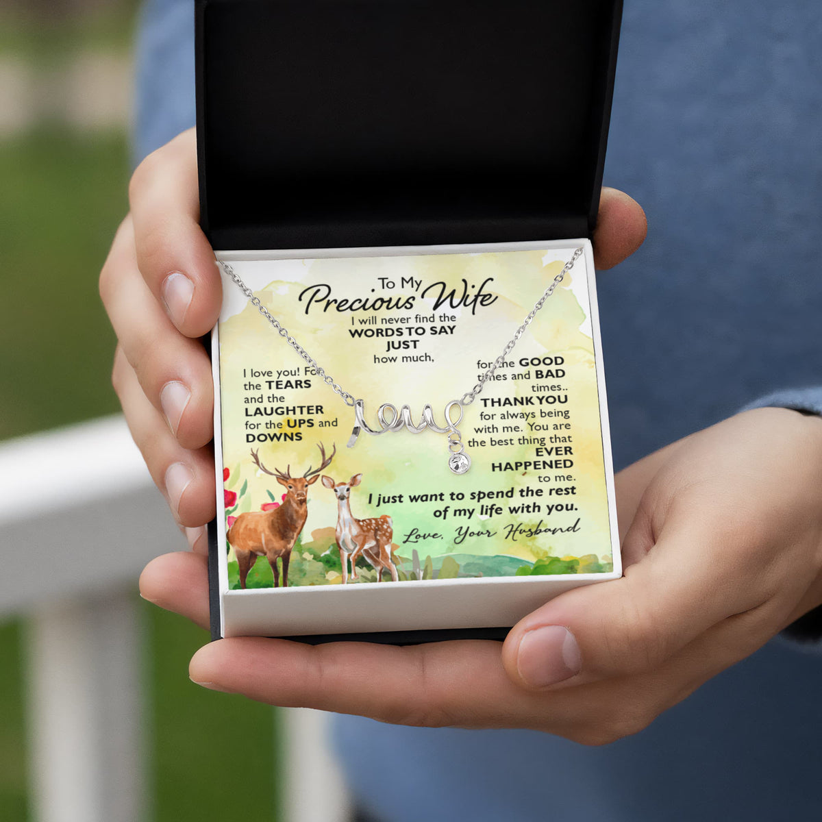 To My Precious Wife Scripted Love Necklace, Deer Couple Card Gift