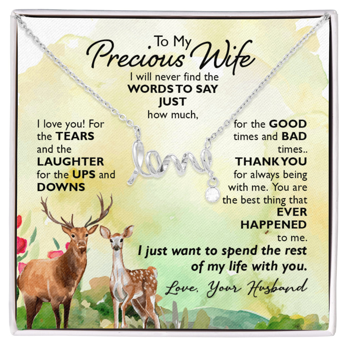 To My Precious Wife Scripted Love Necklace, Deer Couple Card Gift