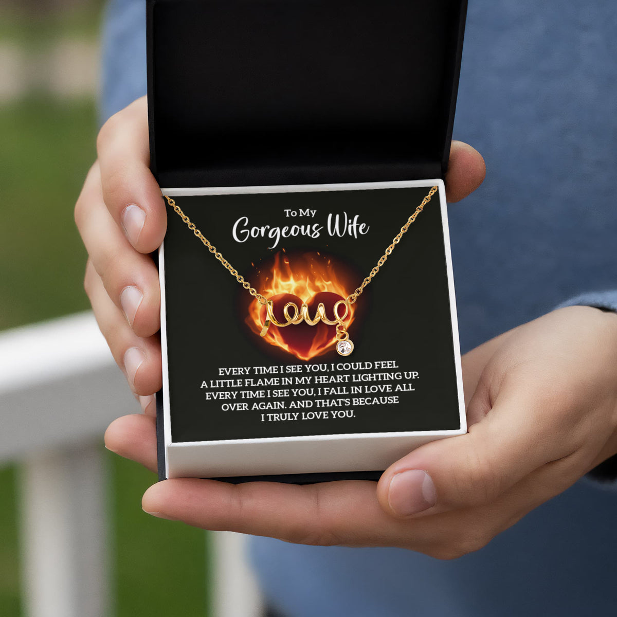 To My Gorgeous Wife Scripted Love Necklace, Flaming Heart Card Gift