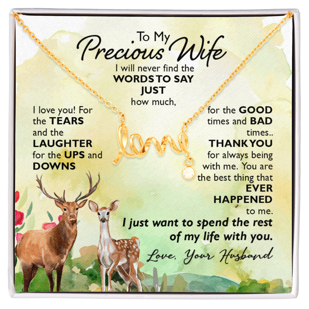 To My Precious Wife Scripted Love Necklace, Deer Couple Card Gift