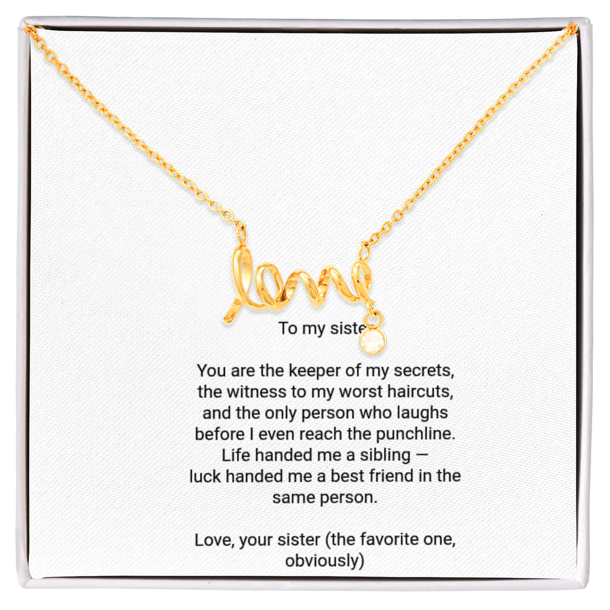 To My Sister Necklace - Scripted Love Pendant with Message Card, Funny Christmas Gift for Sister