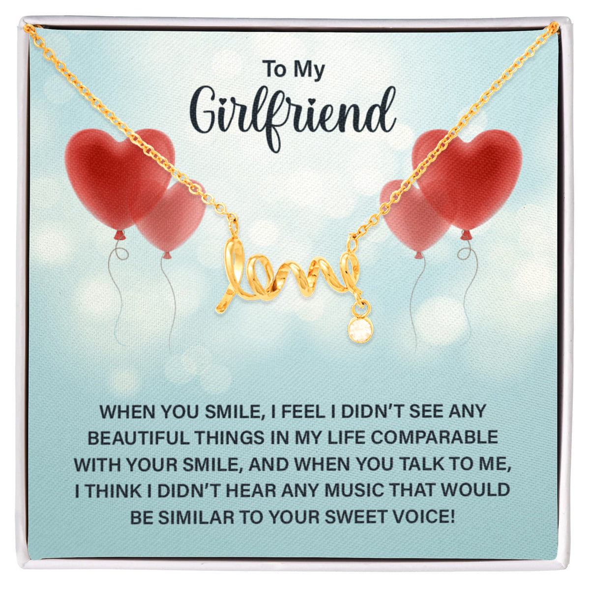 To My Girlfriend Scripted Love Necklace, Heart Balloons Card Gift