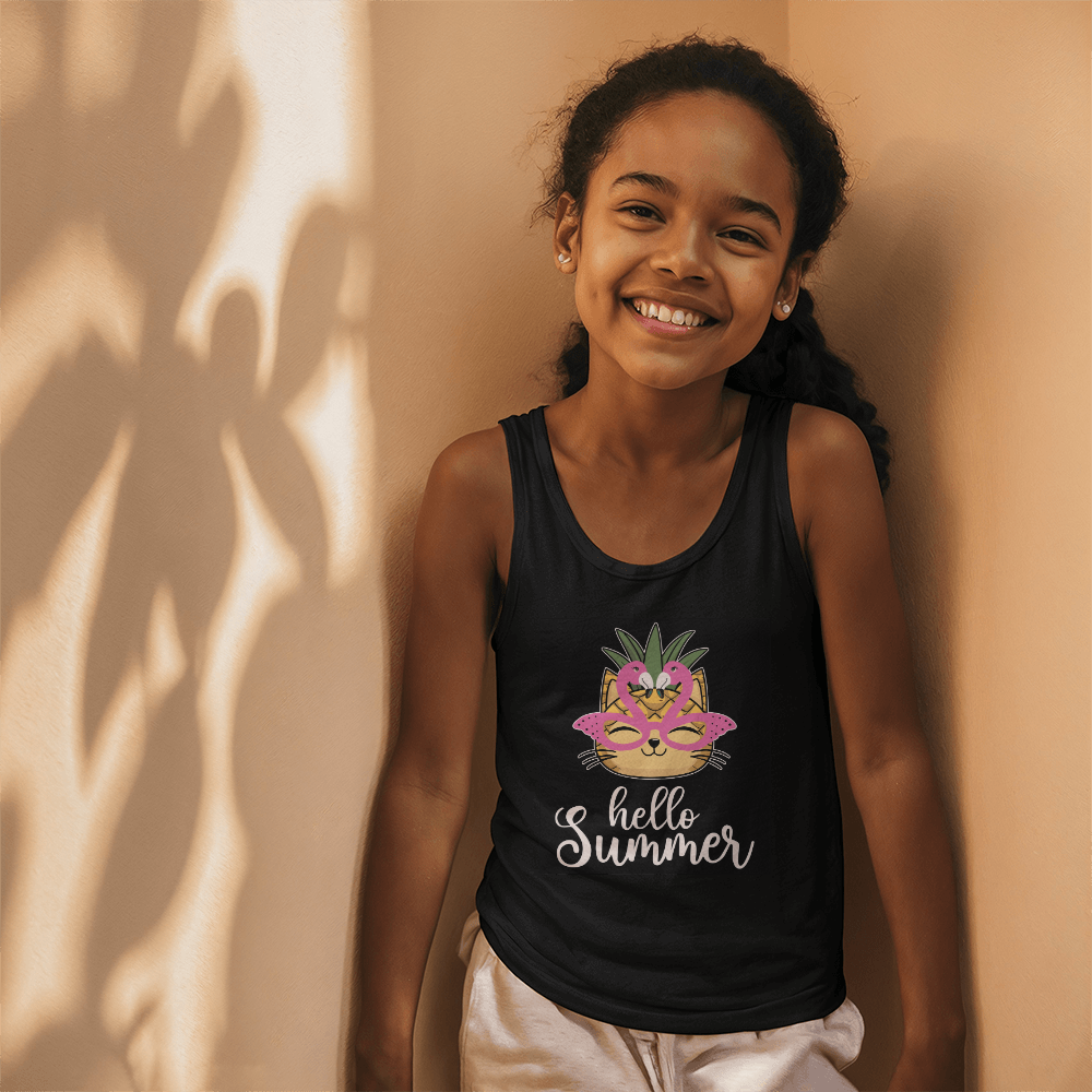 Hello Summer Kids Tank Top, Cat With Flamingo Glasses Shirt