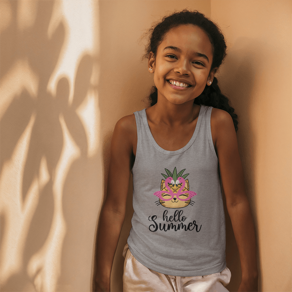 Hello Summer Kids Tank Top, Cat With Flamingo Glasses Shirt