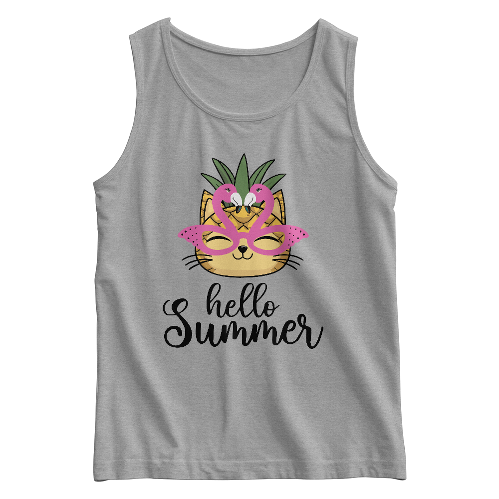 Hello Summer Kids Tank Top, Cat With Flamingo Glasses Shirt