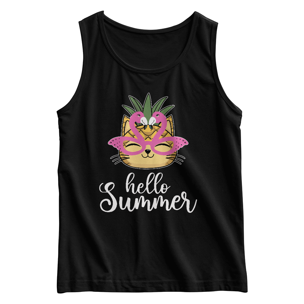 Hello Summer Kids Tank Top, Cat With Flamingo Glasses Shirt