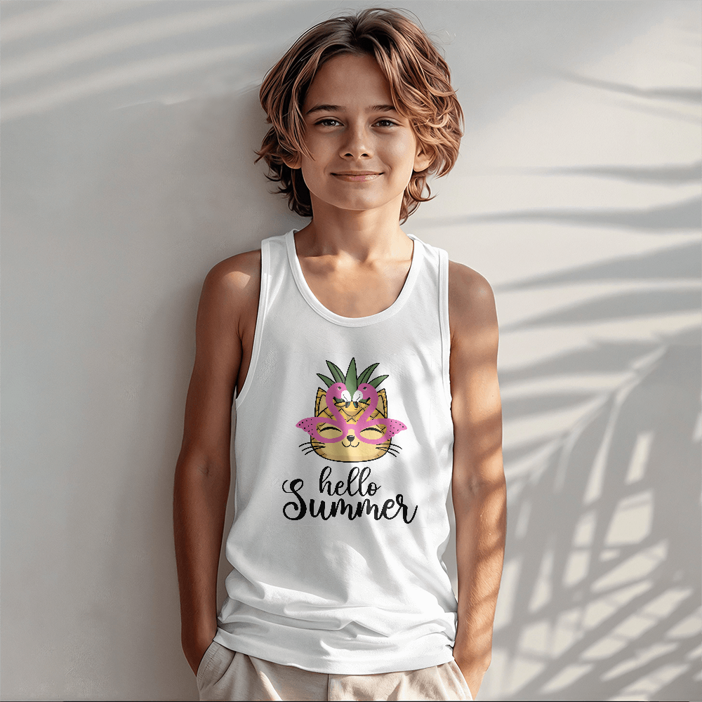 Hello Summer Kids Tank Top, Cat With Flamingo Glasses Shirt
