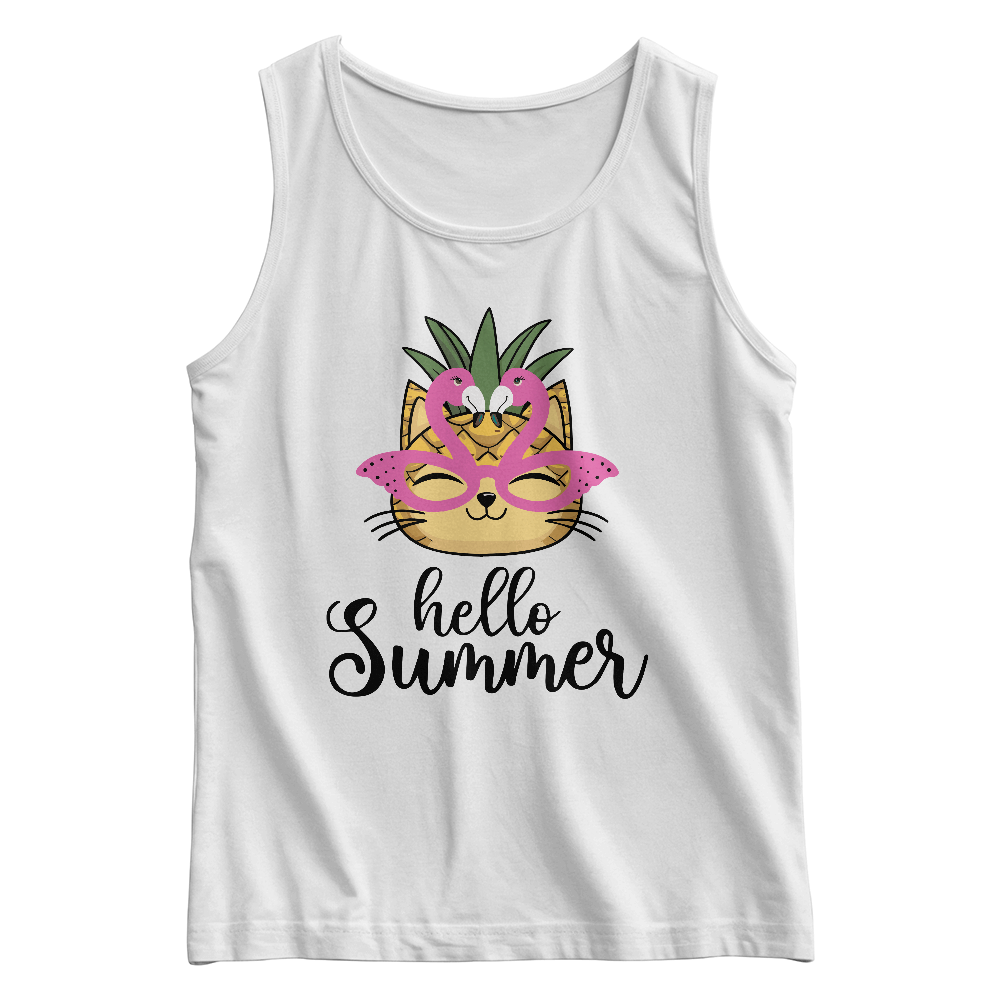 Hello Summer Kids Tank Top, Cat With Flamingo Glasses Shirt