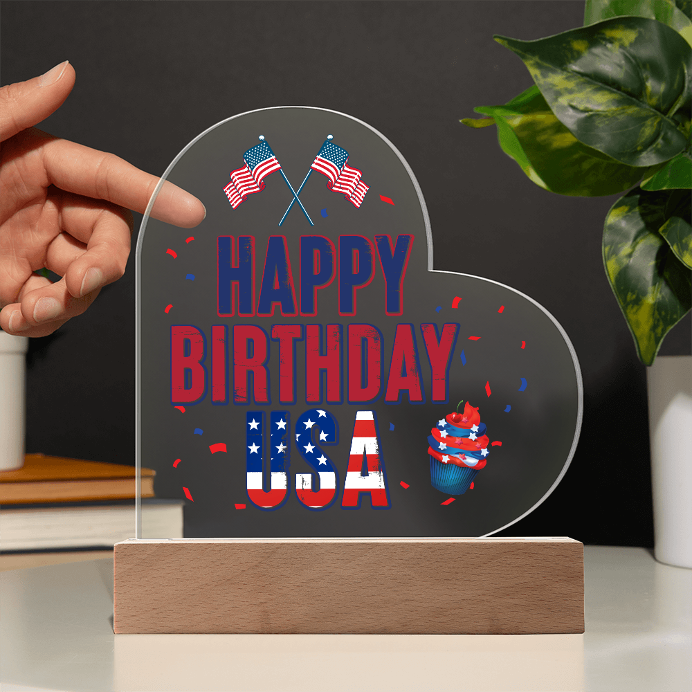 Happy Birthday USA Acrylic Heart Plaque - Patriotic Home Decor Gift
