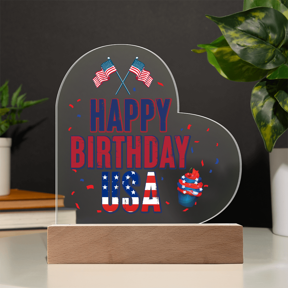 Happy Birthday USA Acrylic Heart Plaque - Patriotic Home Decor Gift