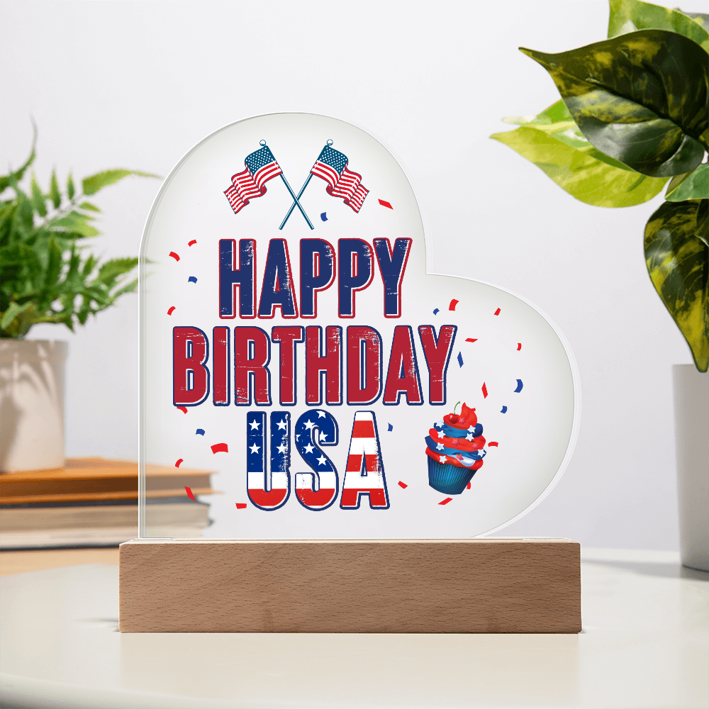 Happy Birthday USA Acrylic Heart Plaque - Patriotic Home Decor Gift