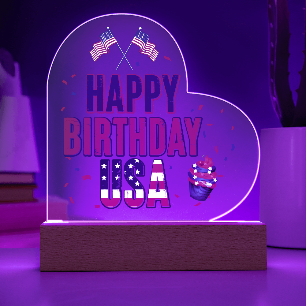 Happy Birthday USA Acrylic Heart Plaque - Patriotic Home Decor Gift