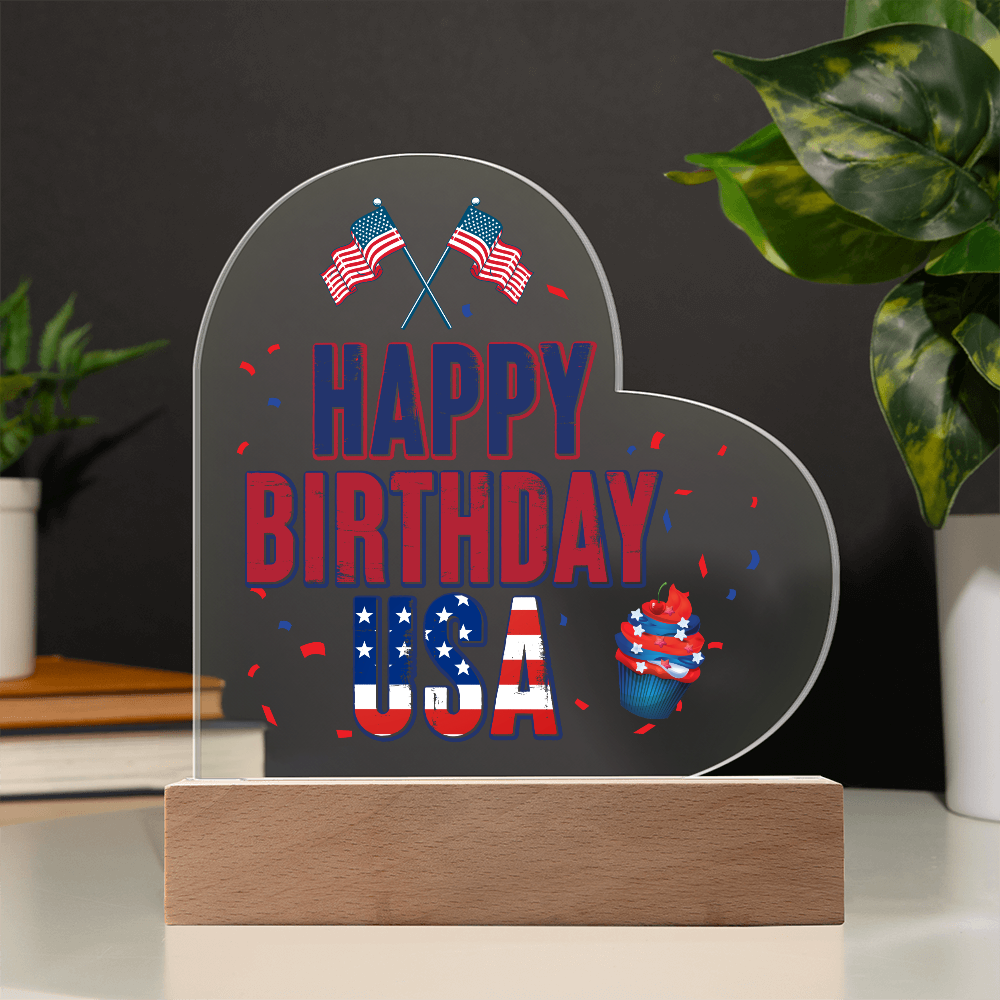 Happy Birthday USA Acrylic Heart Plaque - Patriotic Home Decor Gift